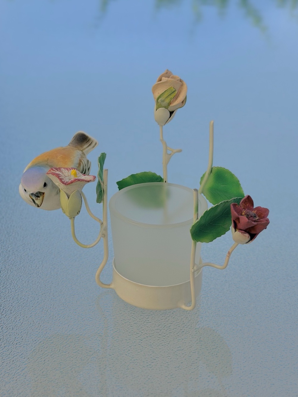 Porcelain and Metal Pastel Tones Bird and Floral Motif Votive Candle Holder